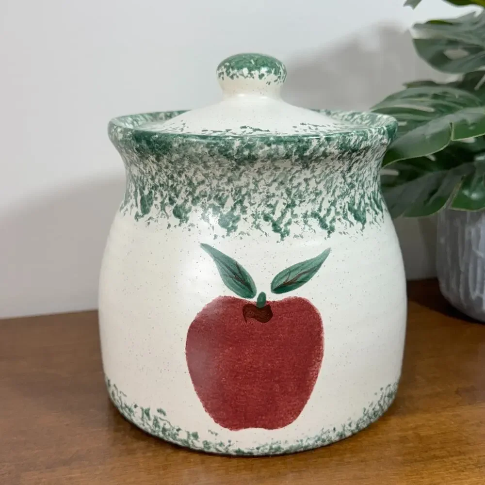 Vintage 80s Apple Cookie Jar Canister Medium Green Spongeware Ceramic Signed
